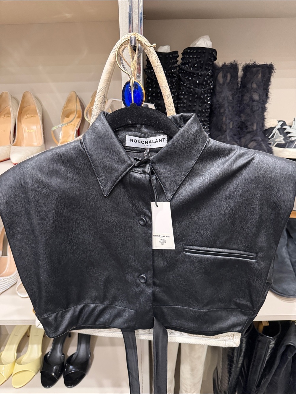 NONCHALANT Black Faux Leather Cropped Button-Down Shirt